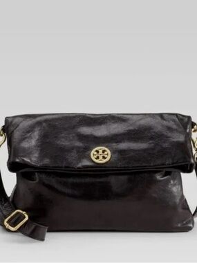 Tory Burch Dena Fold Over Leather Crossbody Bag in Black